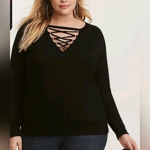 Torrid Lace Up Sweater Size 2X Black Soft Stretchy Whimsigoth Neutral Cozy Knit
